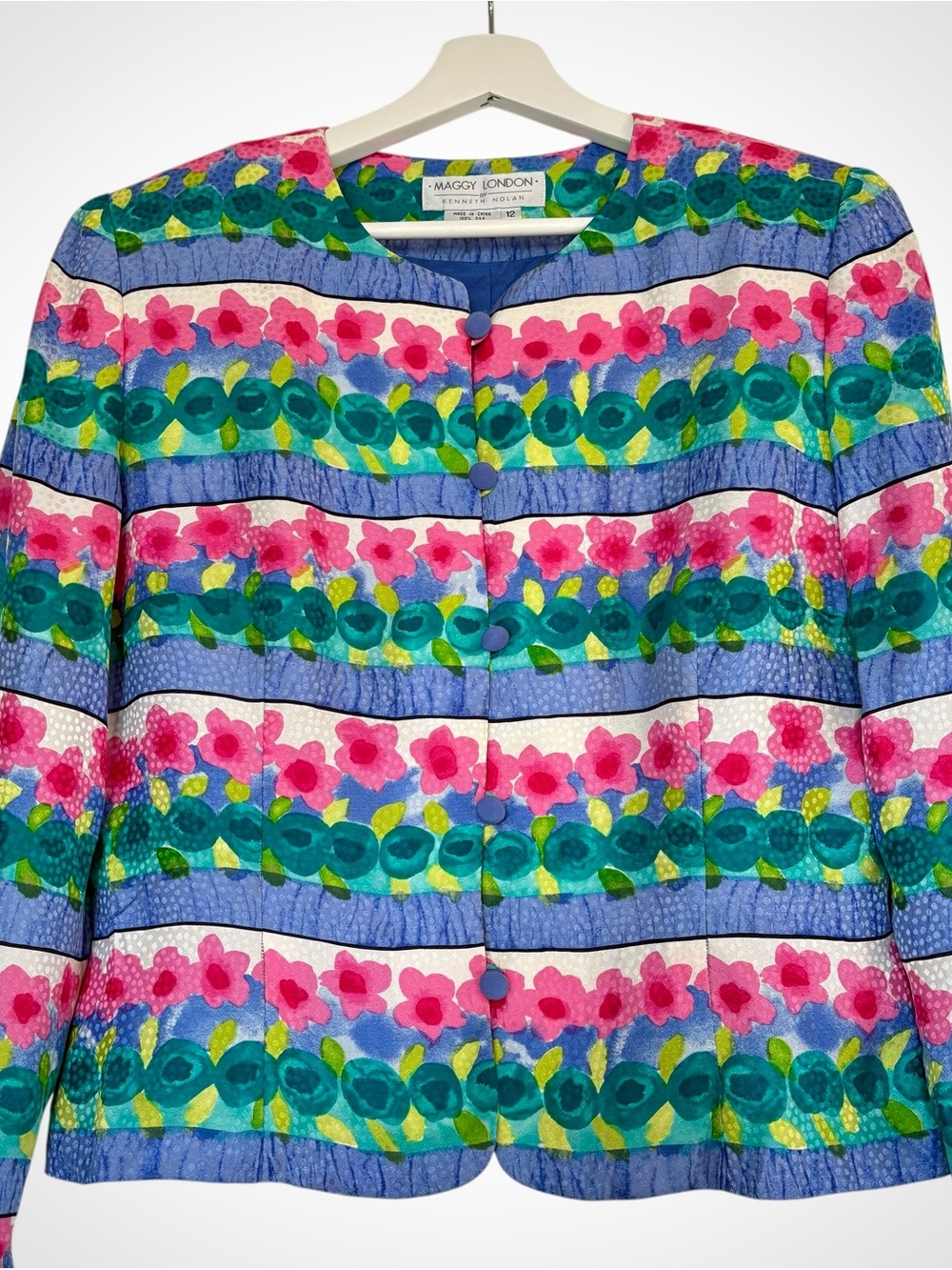 Maggy London By Kenneth Nolan 100% Silk Floral Blazer Jacket Size 12 Watercolor